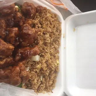 chicken and rice in a styrofoam container
