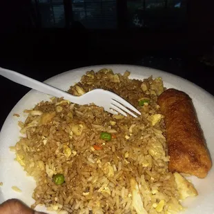 Chicken fried rice and chicken egg roll.