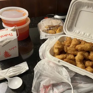 Sweet and sour chicken, cheese won tons.