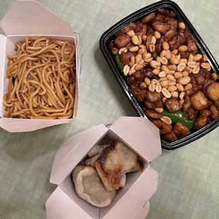 Kung Pao Chicken, Lo Mein, and Fried Dumplings