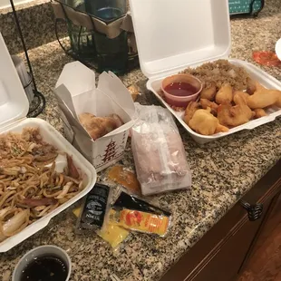 This was the house Io mein and sweet and sour chicken &quot;all day combo&quot; with egg rolls and fried dumplings. It was all delicious!