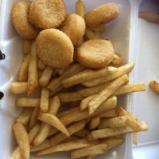 a tray of french fries and a sandwich