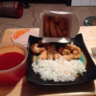 Sweet and sour chicken with steamed rice