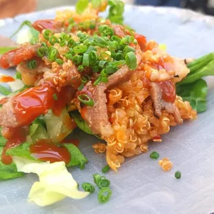 [[ TOP OF WAIKIKI ]] Kim Chee Quinoa and Kalbi Marinated Pork with Kula baby romaine in a rice paper wrap