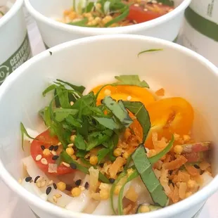 [[ HALE OHUNA ]]Chilled Udon served with a Mana Ai sour poi-coconut ponzu broth, Ho Farms okra and tomatoes and toasted coconut