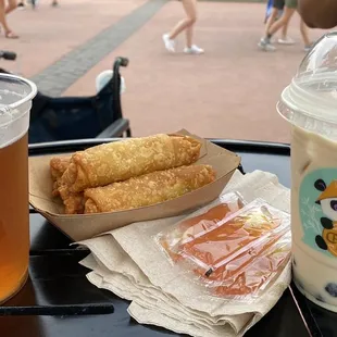 a tray of food and a drink