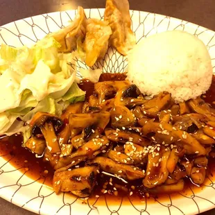 Spicy chicken mushroom teriyaki with Gyoza.