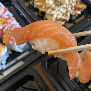 Salmon Sushi.   Look at the size of that fish!!