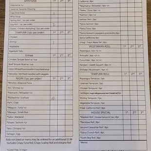 AYCE LUNCH MENU
