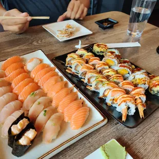 Nigiri Plate - Left to Right - 
 Yellowtail, Scallops, Albacore Tuna, Salmon
 
 Sushi Plate - Left to right - Sushi Boy, Las Vegas