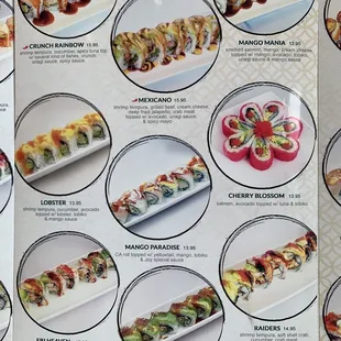 sushi and sashimi, menu