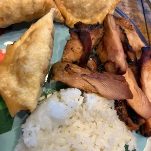 a plate of food with rice and meat
