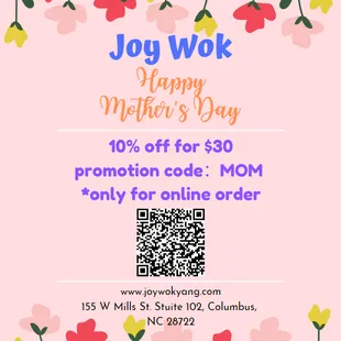 Make Mother's Day special for your dear mother. Joy Wok for special holiday！！ Happy Mother's Day！！