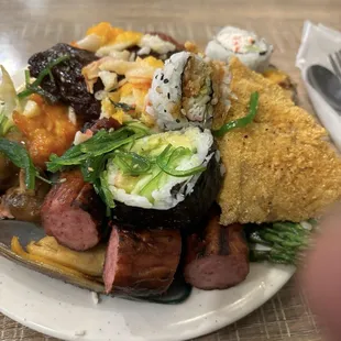 Fried Fish, Sausages, Sushi Rolls; California Rolls, Ribs; variety food: