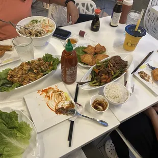 Rangoons, chicken lettuce wrap, beef and broccoli with rice, chicken noodle salad, shrimp spring roll (I ate them so good!).