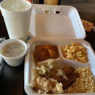 a meal in a styrofoam container