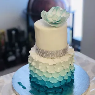 Teal Ombre, Rhinestone, Peony Flower Chic Fancy Custom Birthday Cake