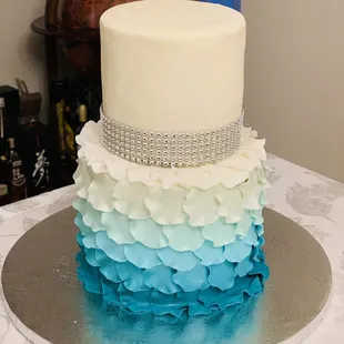 Teal Ombre, Rhinestone, Peony Flower Chic Fancy Custom Birthday Cake