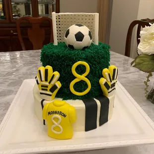 Soccer ball, jersey, gloves, goal, grass buttercream birthday cake