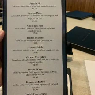 Cocktail menu