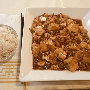 Delicious Mapo Tofu ( tofu with minced pork and hot spice) with rice