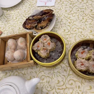 Shrimp &amp; Chives Dumplings , Pork &amp; Shrimp Shumai, fried Eggplant &amp; shrimp