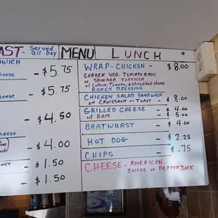 a menu for breakfast and lunch