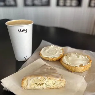 Vanilla latte, lemon, poppyseed scone, and an Asiago bagel...