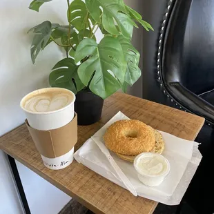 Horchata latte and an Asiago cheese bagel. (A super yummy combination!)