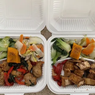 Vegetarian "chicken" and braised tofu with side veggies and kabocha