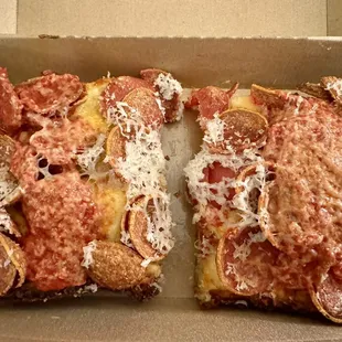 Pepperoni - looks dry but very saucy and good! Really two meals for $13, not terribly priced in SF!