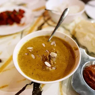 a bowl of soup on a table