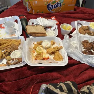 Fried chicken, soy chicken, fries, potatoe salad, catfish, shrimp oysters