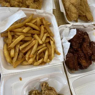 Fried shrimp, catfish, fries, oysters, chicken