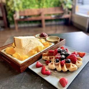 Mango cheesecake thread shaved ice & triple berry waffle
