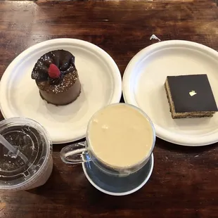 Chocolate mousse, opera cake, ice coffee, and Peanut Butter Cream Latte
