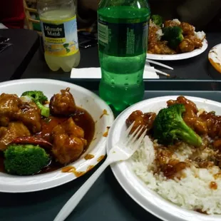 General Tso @ Joys Village on the finest foam plate and plastic fork. Food was hot enough to melt the fork. over priced.