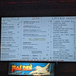 Menu for drinks