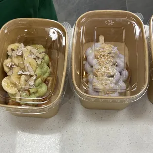 * Matcha croffle with cream, banana, and almonds * Taro Croffle with coconut
