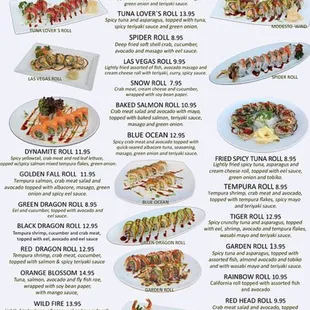 menu for special rolls
