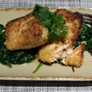 Salmon, lightly breaded, sauteed spinach