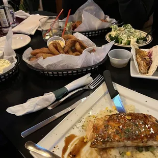 Salmon, Fried Shrimp, Fish Tacos, Onion Rings, and Buffalo Wings