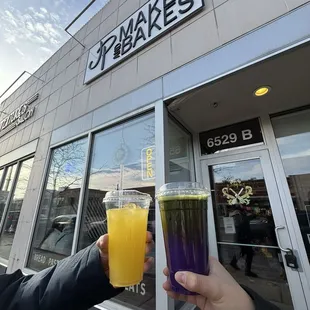 Calamansi lemonade and iced ube matcha latte