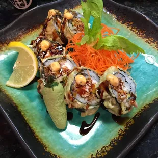 Dynamite roll with a wasabi jalapeño - beautiful presentation!