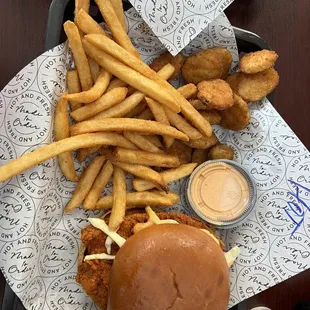 Hot JP&apos;s Chicken Sandwich Combo with fries Fried Pickles and Fries
