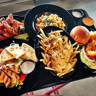 Wings, Mac n Cheese, Double Bacon Cheddar Cheeseburger, Poutine, Cobb Salad n Onion Rings Wonderful