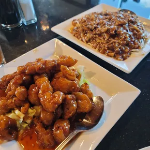 General Tso's chicken and Dan Dan noodles with pork