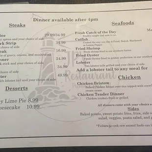 Dinner menu