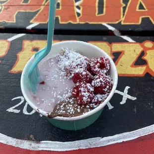 The Classic (white chocolate chip pancakes, raspberry syrup, raspberries, and substituted the whipped cream with Nutella)