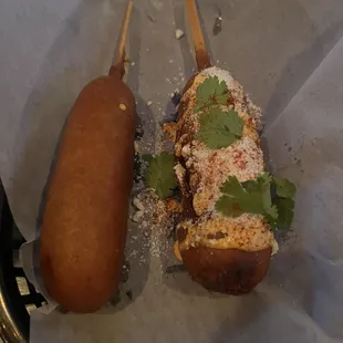 Mexican Street Corn Dogs (one plain) from Angry Pete&apos;s inside JP&apos;s Pub.